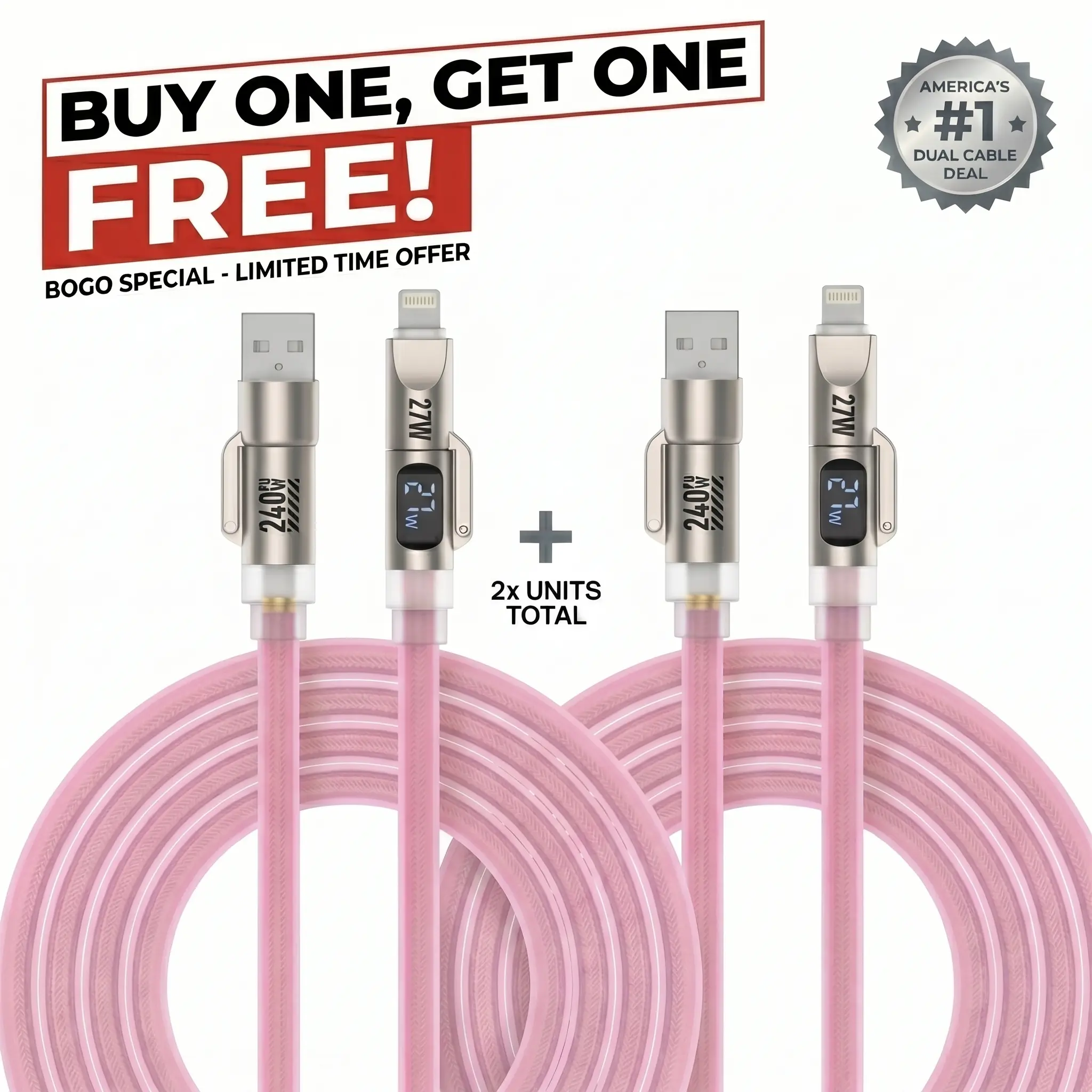 【Buy 1 Get 1 Free】Dark Magic 5-in-1 240W Digital Display Fast Charging Cable, Liquid Silicone Multi USB A/C to Type C/Lightning Cord, All-in-One for Car, Office, Home & Travel for iPhone 17/Samsung/Laptop
