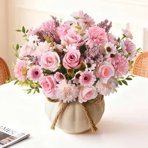 6 Pack Artificial Flowers Like Real Artificial Bouquet Silk Artificial Roses Bouquet with Daisy Chrysanthemum Pink Flowers for Decorative Centerpiece Table Wedding Party Home Spring Decor