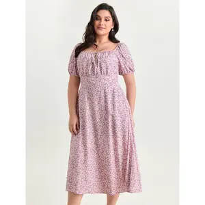 BLOOMCHIC Plus Size Ditsy Floral Print Cinched Waist Midi Dress [M-6X]2026 Summer Vibes Swimweek