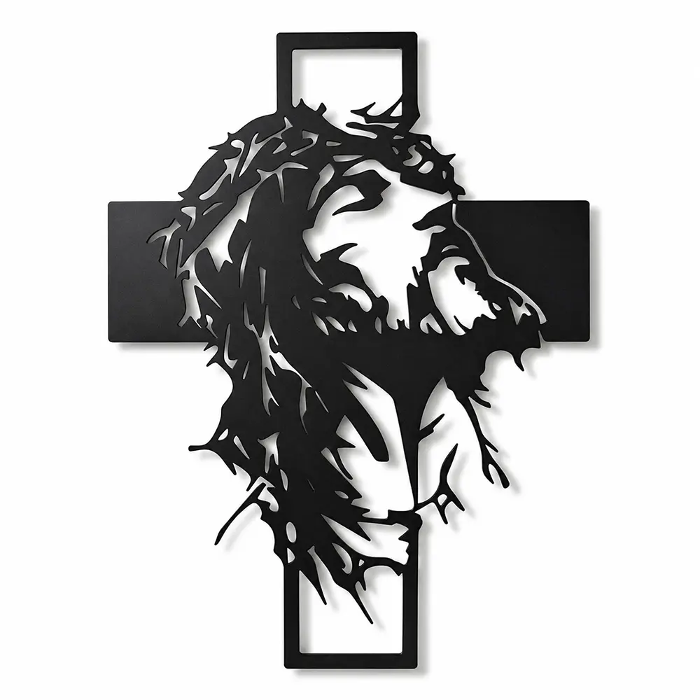 Jesus Crown of Thorns Cross Wall Decor, Black Metal Christian Wall Art, Religious Home Decor, Jesus Silhouette Wall Hanging, Faith Cross Decoration, Easter Wall Decor, Church Room Decor, Christian Gift for Family Friends