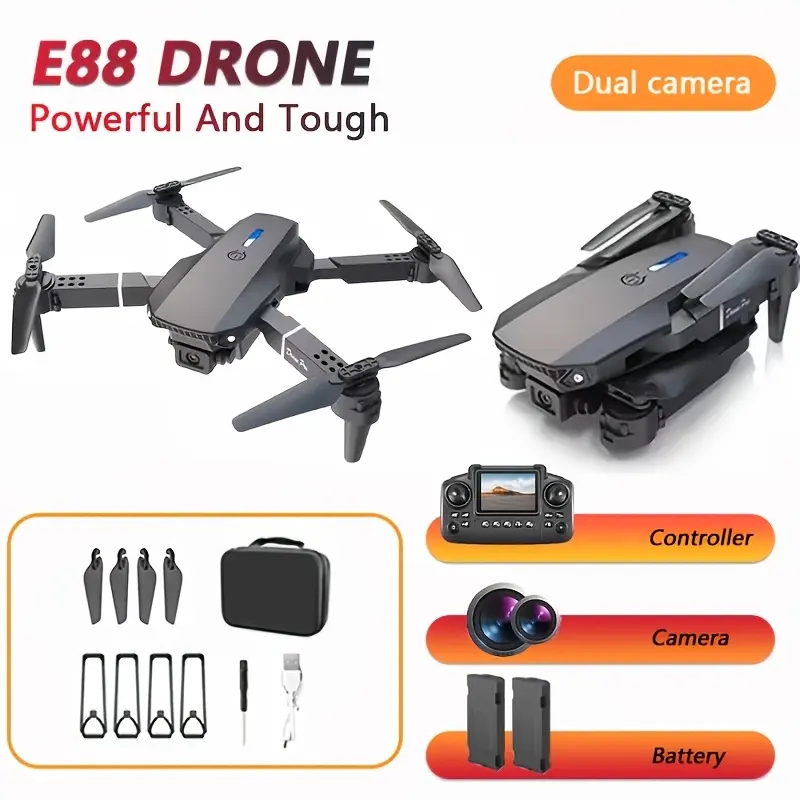 E88 Drone - Powerful, Durable Dual-Camera Quadcopter with Remote Controller, Rechargeable Battery, and Essential Accessories