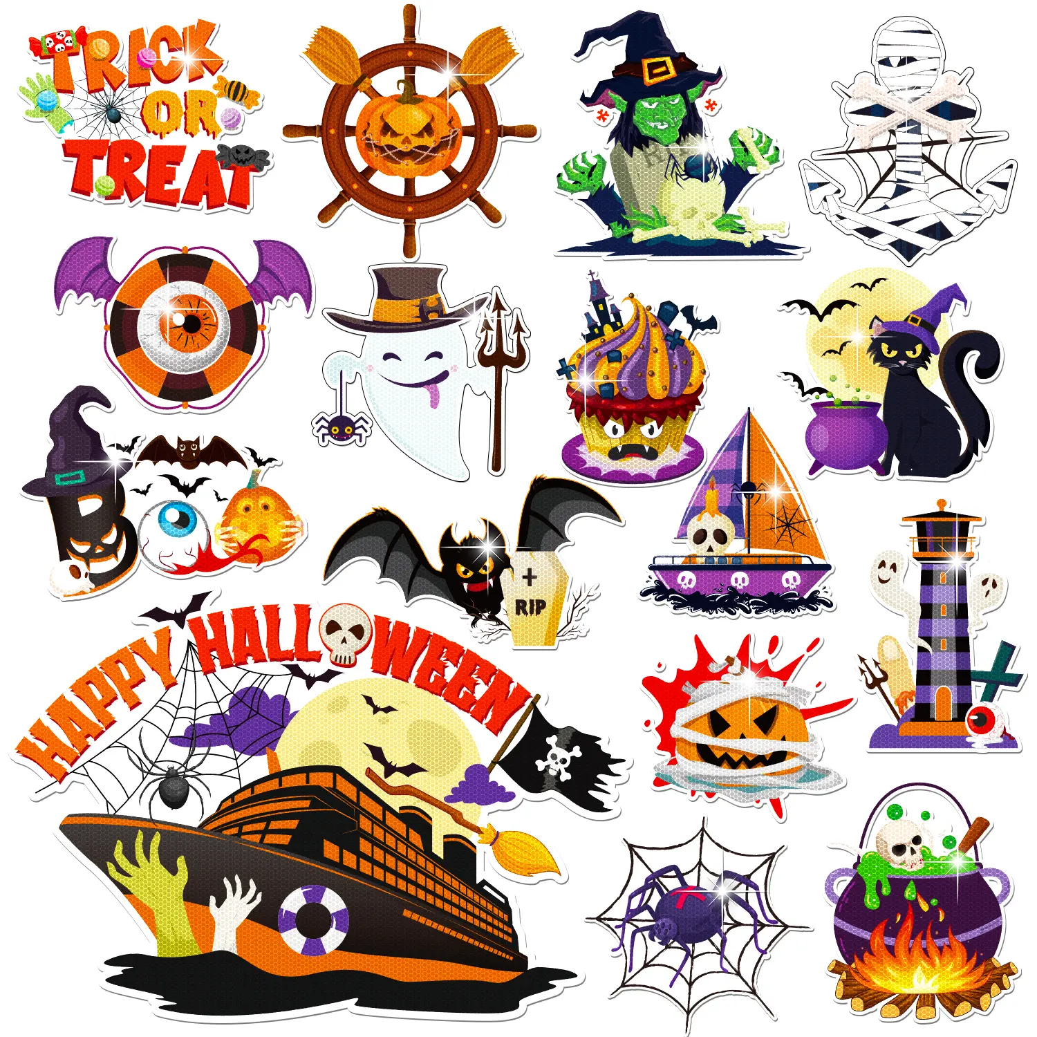 16Pcs Reflective Halloween Cruise Door Magnet Decor Set, DIY Magnetic Stickers for Cruise Ship Doors, Refrigerator Party Supplies