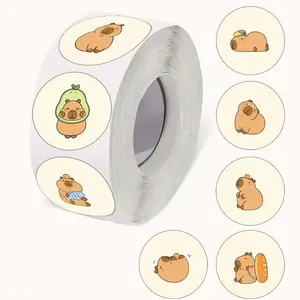 Cute Capybara Pattern Sticker, 500pcs/roll Cartoon Pattern Self Adhesive Label, Round Label Sticker for Greeting Card DIY Gift Wrapping Adhesive Stickers, Funny Stickers, Sticker Decals