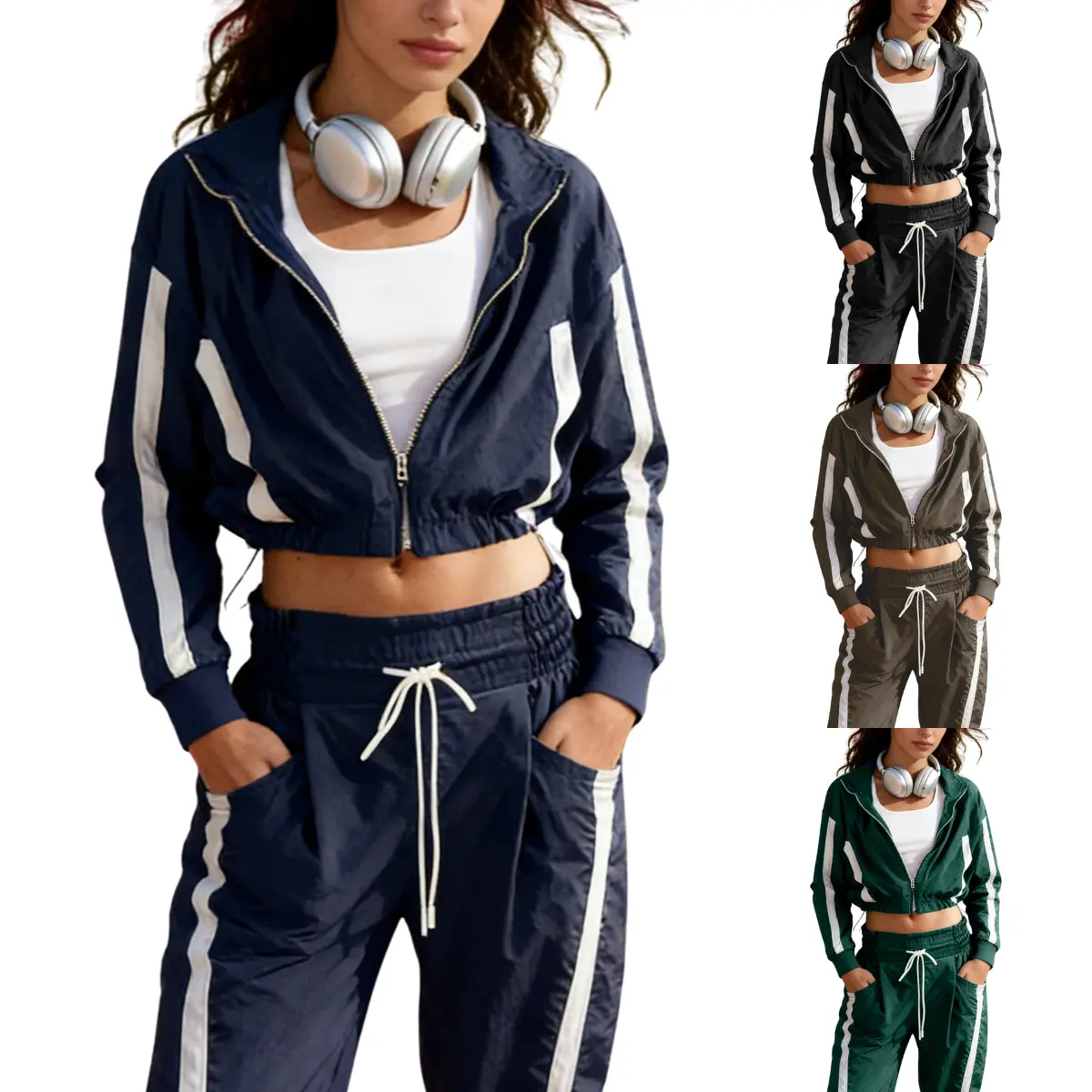 Kingapril Women's Color Block Hooded Neck Windbreaker Jacket - Lightweight, Loose Fit, Long Sleeves, Zip Up Nylon Spandex Fabric Coat for Outdoor, Party Streetwear, Casual Athletic Wear, Foldable Tops, Coats