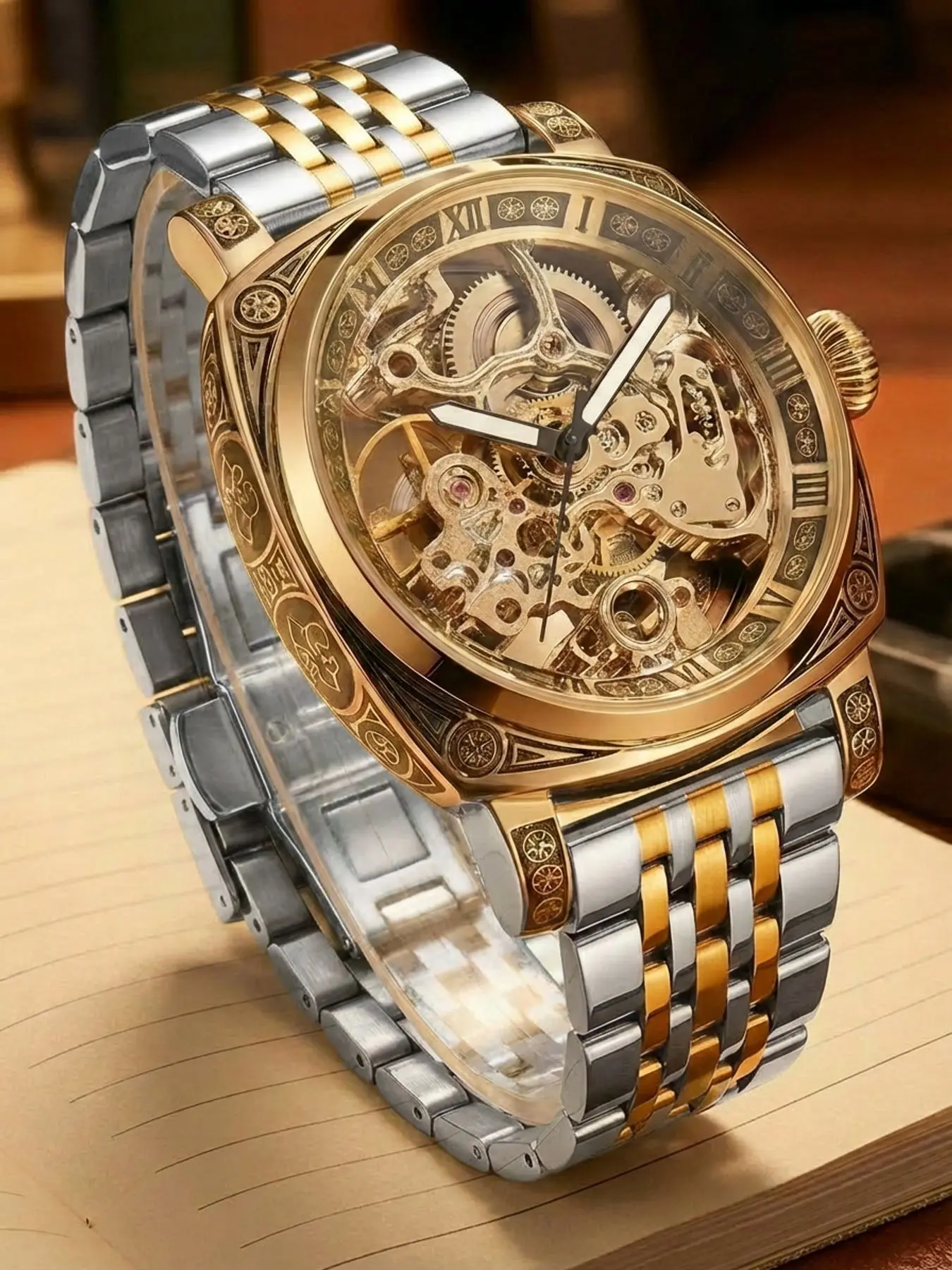 Men's Classic Business Fashion Round Dial Mechanical Analog Skeleton Watch,  Stainless Steel Strap Skeleton Wrist Watch, Automatic Mechanical Watch for Men with Box, Mechanical Style Watches, Mechanical Wristwatches