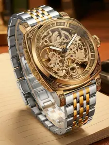 Men's Classic Business Round Dial Mechanical Analog Skeleton Watch,  Stainless Steel Strap Skeleton Wrist Watch, Automatic Mechanical Watch for Men with Box, Mechanical Style Watches