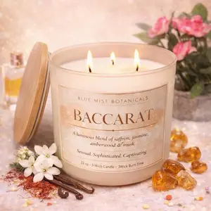 Blue Mist Botanicals Luxury Baccarat 3 Wick Candle Coconut Wax 80hr Burn Time Luminous Saffron Jasmine Amberwood Musk Blend Decor Ornaments - Tin