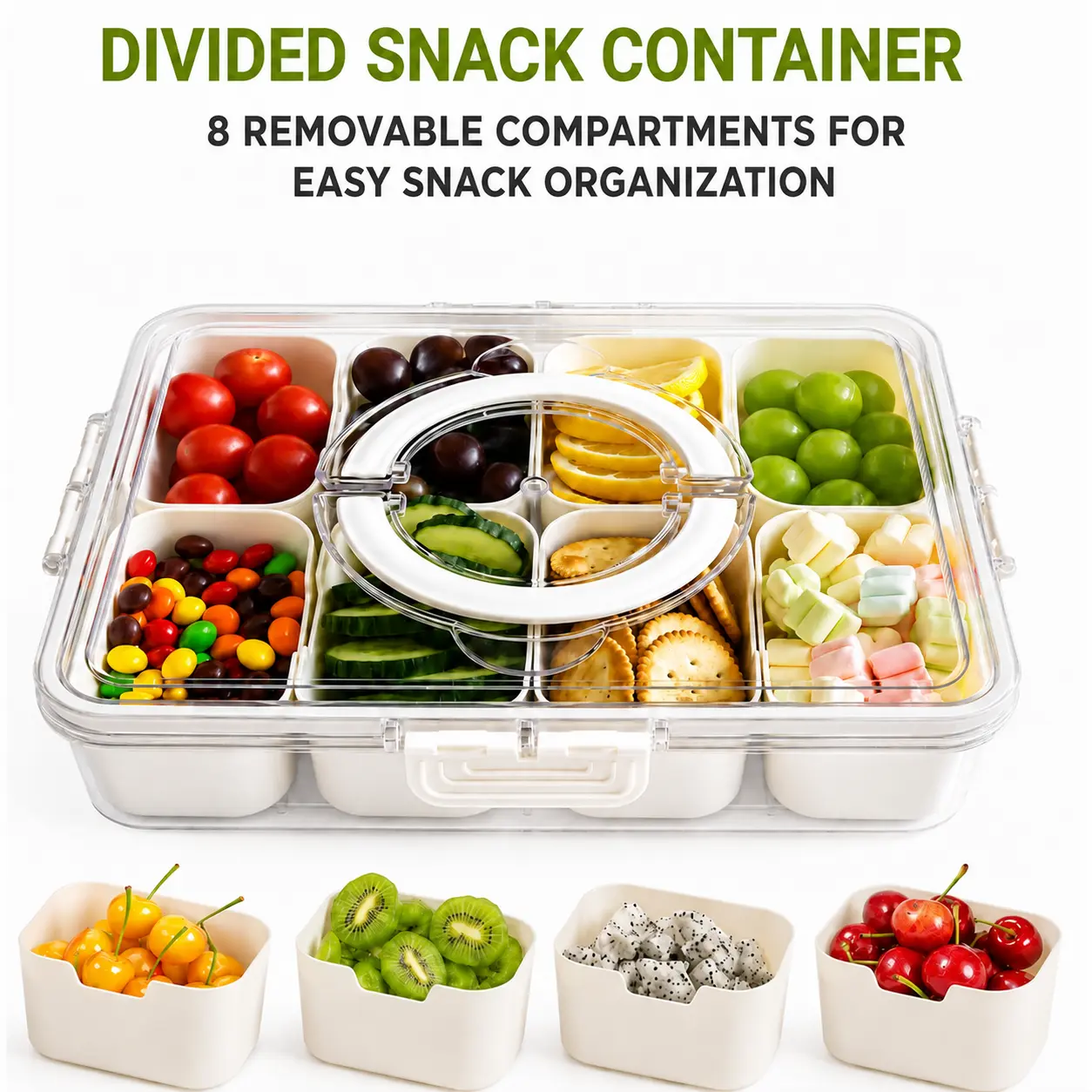 MIUVA Sturdy Leak-Proof Kitchen Storage Container - Multiple Compartment (4 or 8) Rectangular Snackle Box, Transparent Lid, Handle, Divided Serving Tray, Lightweight Portable Utensils Food Saver for Picnics, Travel