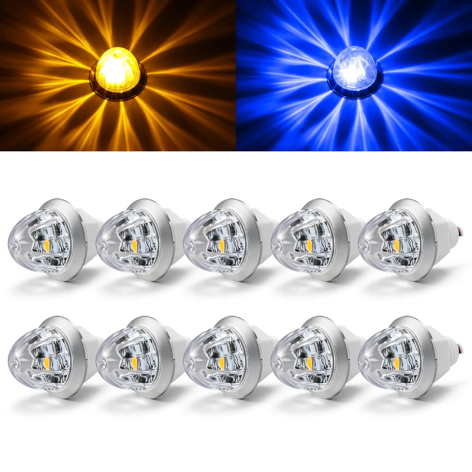 10Pcs 3/4 Inch Dual Revolution LED Watermelon Side Marker Lights, Dual Color Mini Marker Clearance Lights, Starburst AS Lens, IP67 Waterproof, 12V for Truck Trailer RV Custom Install