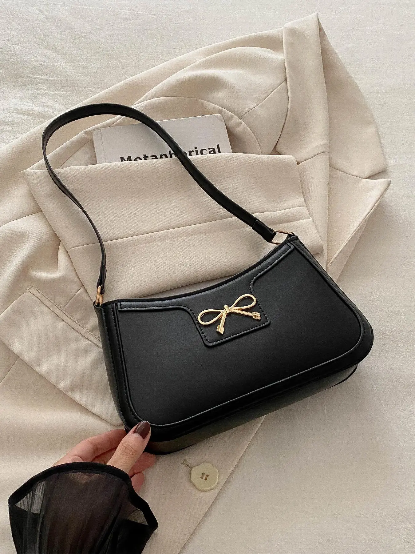 Women's Fashionable Solid Color Bow Decorated Shoulder Bag for Daily Use, Casual Trendy Versatile Daily Commuting Bag, Bow Shoulder Bags, Crossbody Bags, Everyday Shoulder Bag