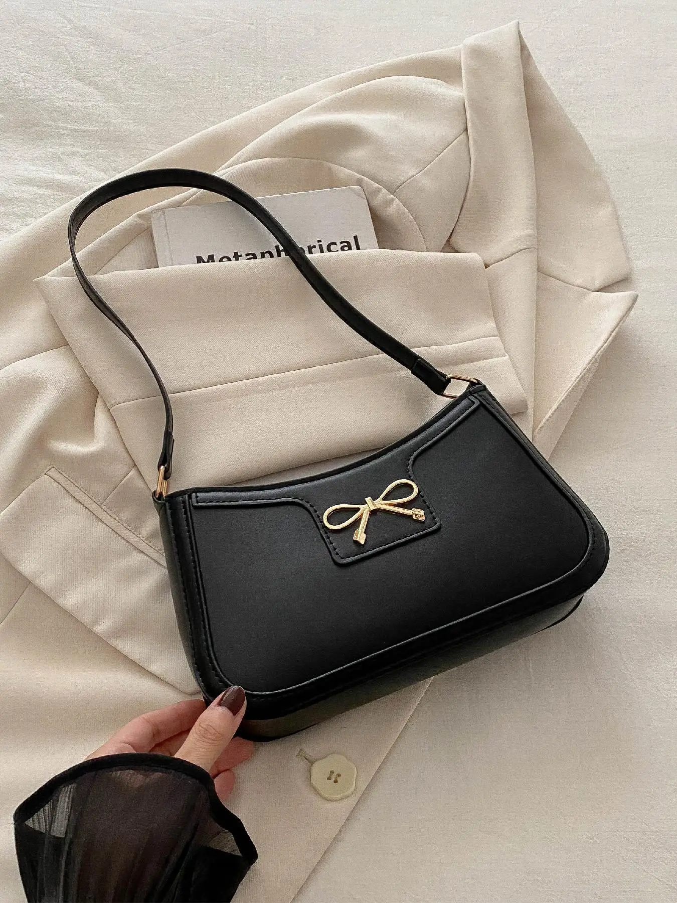 Women's Bow Decorated Shoulder Bag, Fashionable Solid Color Bag for Daily Used, Casual Trendy Versatile High-quality Daily Commuting Bag