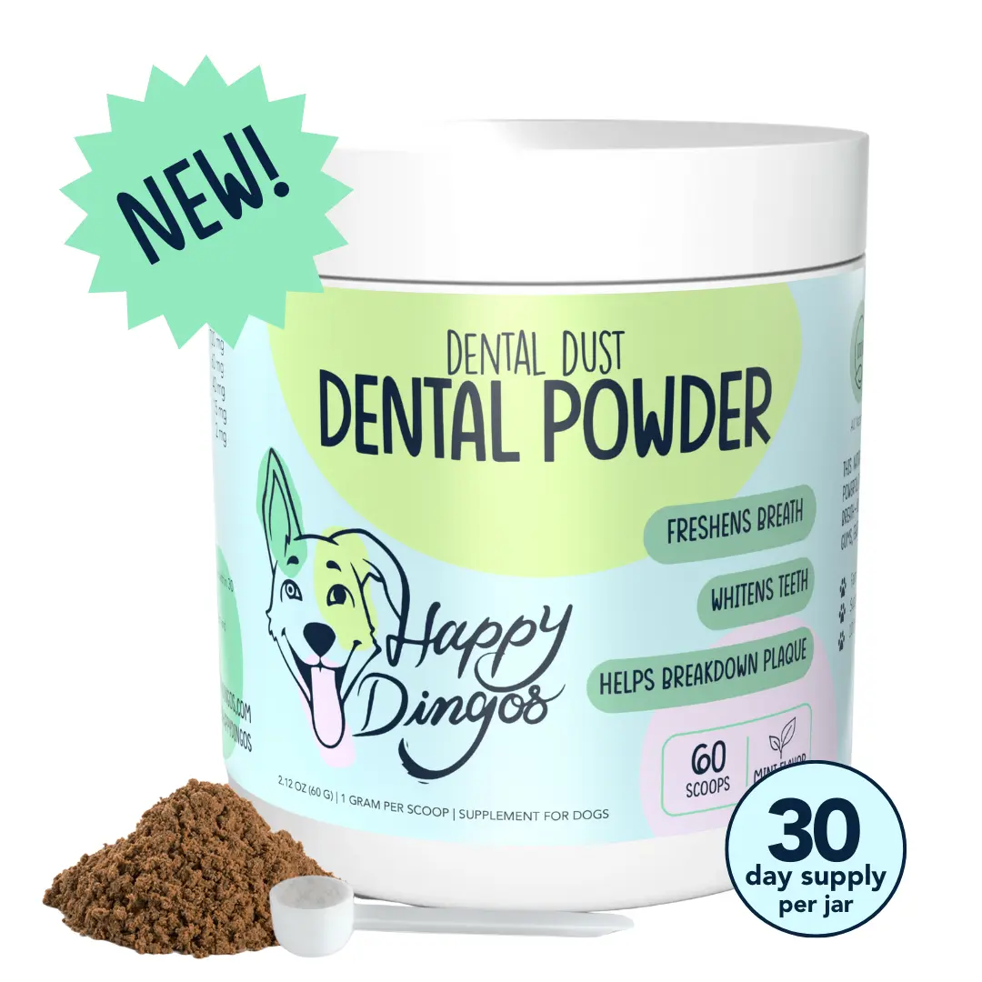 Happy Dingos Dental Dust – No-Brush Dental Powder for Dogs, Fights Bad Breath, Plaque & Tartar, 60 Servings