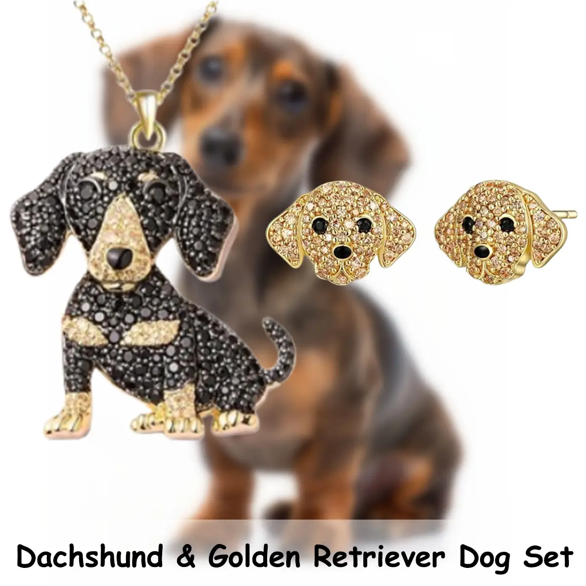 Unisex 3-Piece Alloy Animal Costume Jewelry Set - Stud Pendant Necklace, Golden Retriever Earrings, Shiny Dachshund Design, Cute Daily Elegant Accessory, Christmas/Birthday Gift for Loved Ones