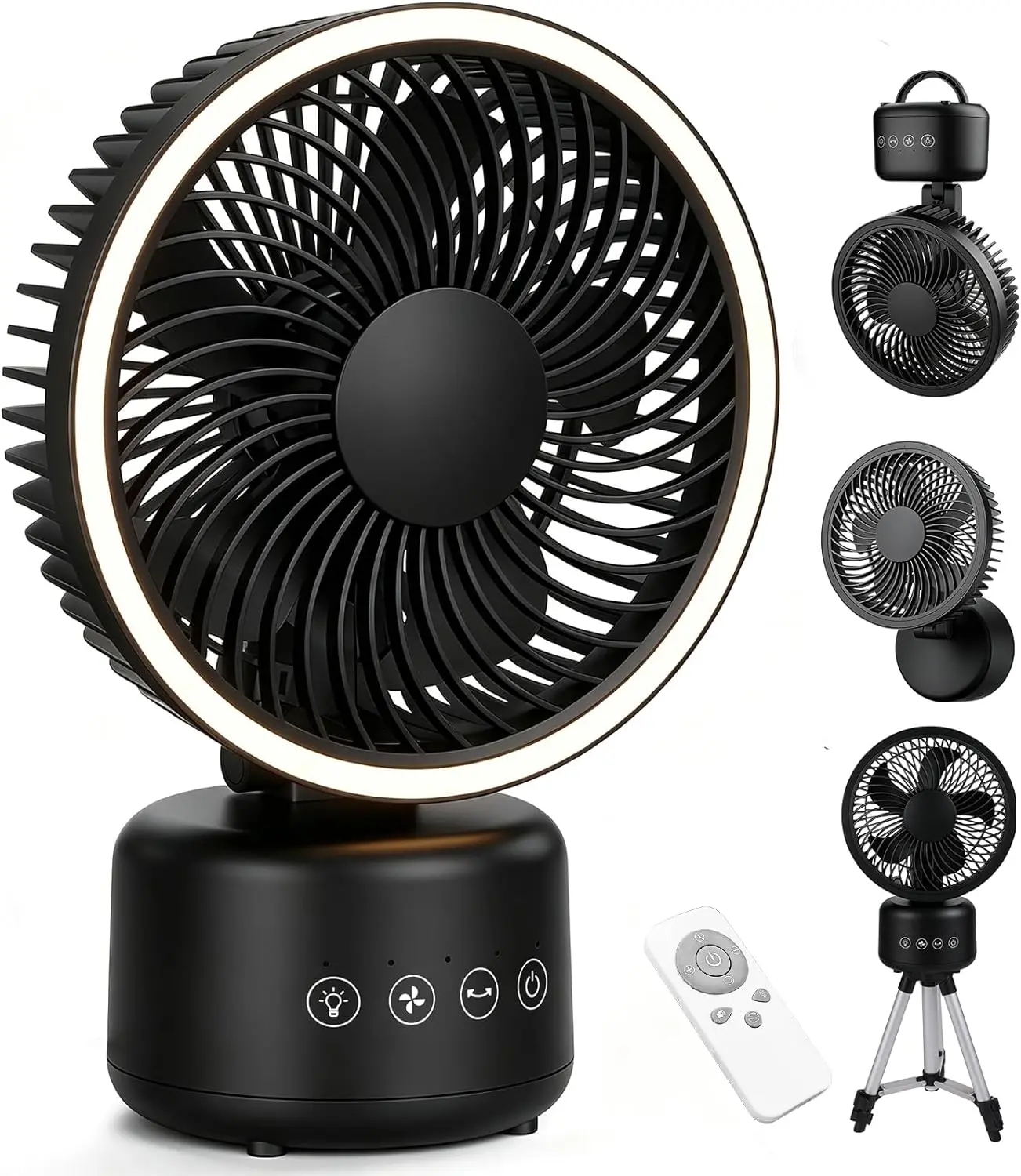 [Clearance Sale]Antarctic Star 4-in-1 Camping Fan Rechargeable, Portable Battery Powered Fan with Light & Remote, 4-Speed, 330° Oscillation, Type-C, Table/Wall/Hang/Tripod for Indoor, Outdoor, Tent, Travel, Fishing, Black