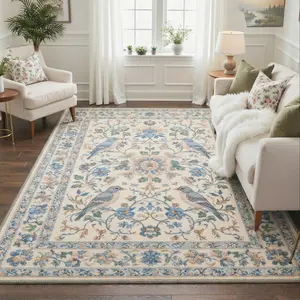 GENIMO Washable Area Rug Non-Slip Low Pile, Lightweight Printed Sky Ivory Rug with Birds Design for Living Room Bedroom Dining Room