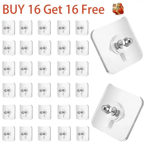 Adjustable ABS Removable Adhesive Hooks & Rails Set (Buy 16 Get 16 Free, 32-Piece) - No-Drill Strong Adhesion Home Organiser Hanging Accessory, No Nails No Holes Sticky Hooks for Garage & Wall Art Supplies