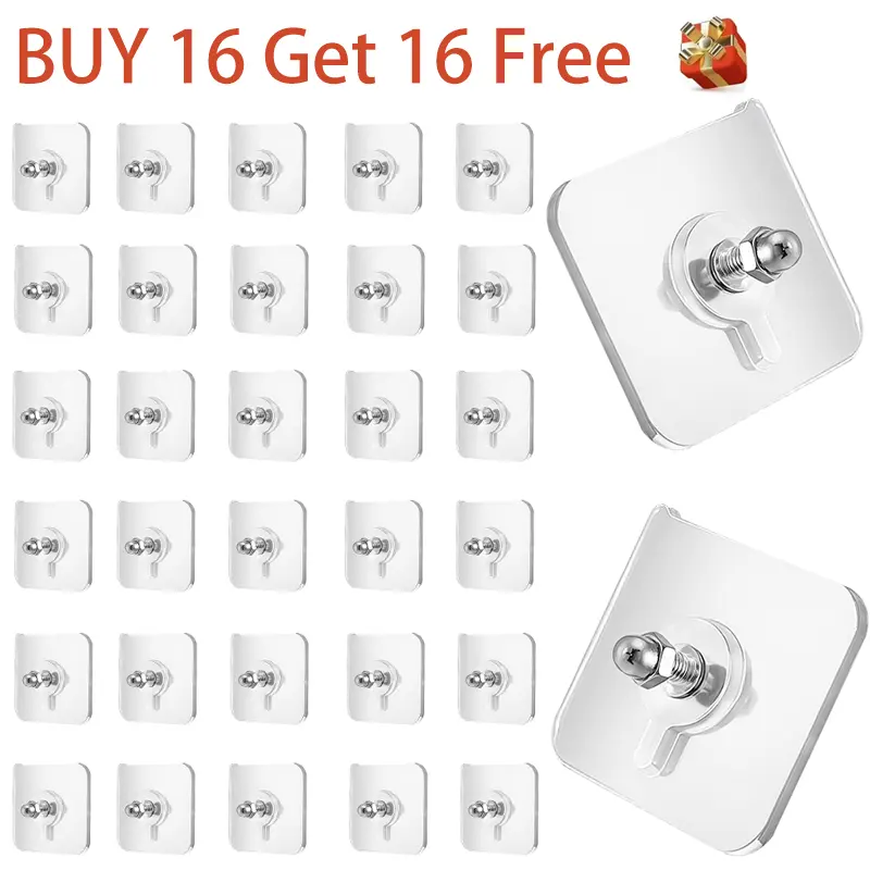 BUY 16 Get 16 Free 32-Piece No-Drill Screw Stickers Strong Adhesive No Nail Wall Hooks for Hanging Pictures Without Nails