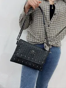 Gothic vintage skull punk-style shoulder bag, Halloween cross-body bag suitable for costume parties, versatile design, ideal gift on Halloween, Crossbody Purses, Pu Leather Bag, Casual Trendy Bag