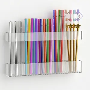 9.5-Inch Large Clear Acrylic Straw Organizer for Cabinet Doors, Reusable Adhesive Storage Holder, Space-Saving Kitchen Accessory for Countertops and Cupboards