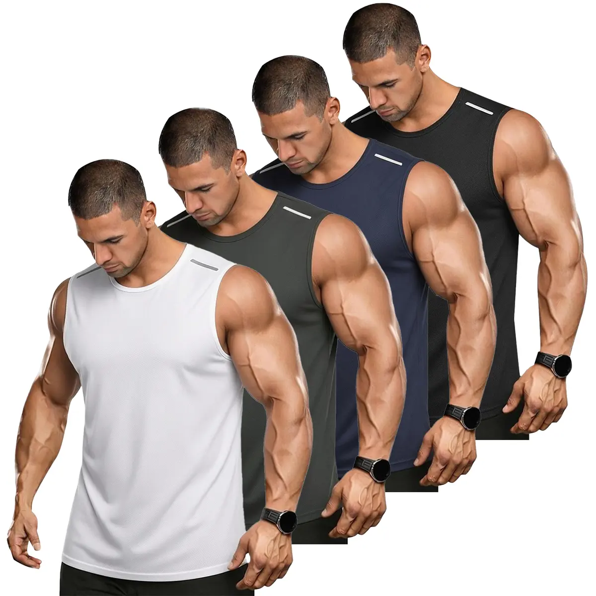 Men’s 4-Pack Crew Neck Sleeveless Workout Vest - Breathable Quick-Dry Polyester Workout Apparel, Fitness Wear, Underwear Tops for Gym, Running (Black/White/Navy Blue)