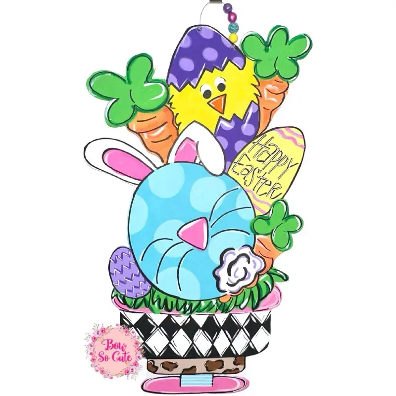 Happy Easter Spring Door Hanger Topiary - Decor - Hanging Decoration Wooden Multicolor Hangable