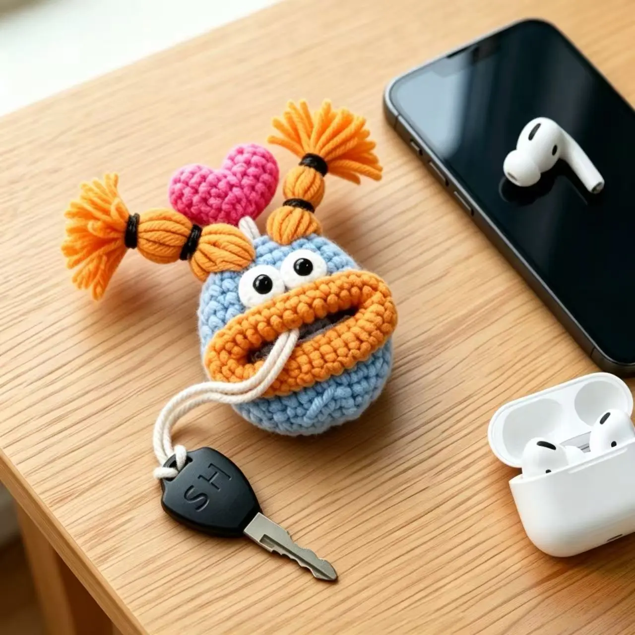 Handmade Chunky Lip Crochet Key Storage Organizer Pouch for Daily Home Storage, Exposed Key Teeth to Unlock Doors Without Removing Keys, Works As Key Cover, Keychain and Bag Charm Key Holder Key Tag