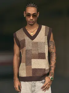 Men’s Colorblock V-Neck Sleeveless Knit Vest – Stylish Streetwear for Fall & Winter funny graphic tee dad gifts christmas funny shirts for men gift for dad funny shirts 90s graphic tees 67 shirt cute boyfriend gifts fall clothes funny t shirt