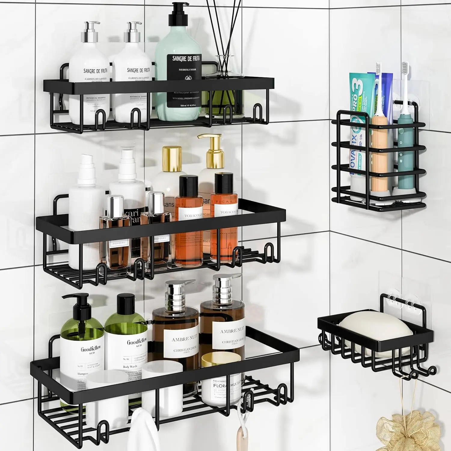5-Pack Stainless Steel Bathroom Organizer Set - No-Drill Self-Adhesive Wall-Mounted Storage Caddy, Rustproof Smooth Waterproof Holder with Soap Saver, Shampoo Shelves, Toothbrush Space, Shower Head Holder, 22 lbs Capacity, Installation, Adhesive Tape, Cle