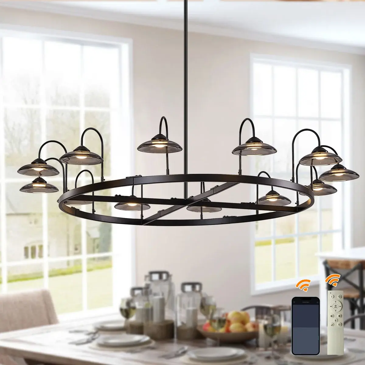 12 - Light LED Dimmable Wagon Wheel Large Staircase Chandelier,Retro Industrial Hanging Light Fixtures for Dining Room Entryway, Bedroom
