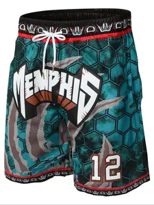 Men's 12 Green Basketball Shorts, Vintage Embroidered Zipper Gym Shorts, Casual Training Pants for Spring & Fall, Athletic Basketball Shorts