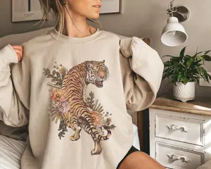 Vintage Tiger Boho Sweatshirt, Retro Floral Hippie Sweater, Classic Cute Summer Hoodie, Vintage Bohemian Tiger Sweatshirt, Retro Aesthetic Sweater, Classic Hippie Hoodie