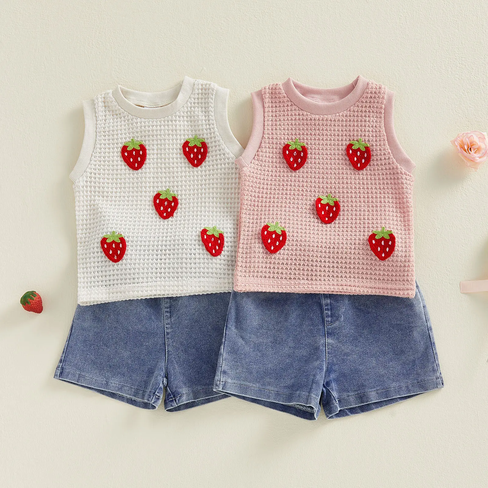 [Lullaby] Toddler Baby Girl Summer Outfit 3D Strawberry Tank Tops and Denim Shorts 2 Piece Set