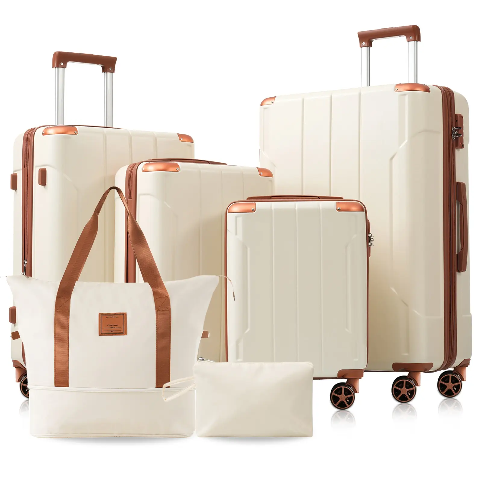6-Piece Hardshell Luggage Set with Duffel & Toiletry Bag, Expandable Lightweight Suitcases with Spinner Wheels & TSA Lock for Men & Women (White/Brown)