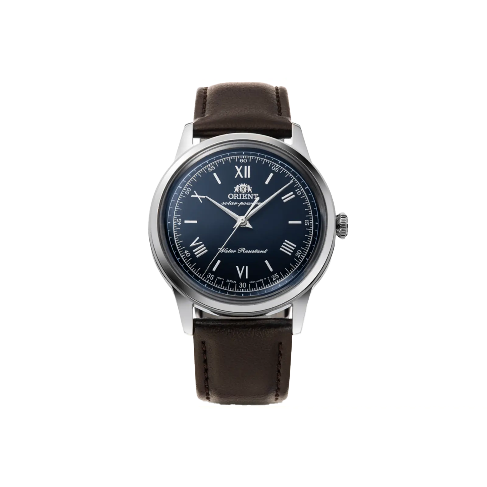 Orient Bambino Solar Unisex Fashion Watch - 38.4mm Stainless Steel Case, Navy Blue Domed Lens Dial, Plant Based Leather Strap, Solar Power Quartz Movement, Casual Trendy Wristwatch, Water Resistant, Water Resistant Watch, Navy Dial, 30M - 50M, 38Mm, Buckl