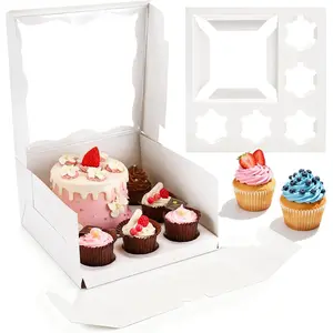 4 Packs Bento Cake Box with Cupcakes, 1+5 Cupcake Box Combo with Clear Window,Fit 5 Cupcakex and 1 Mini Cake for Wedding Birthday Party  Shower Baking Supplies