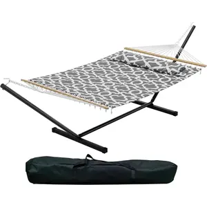 Light Gray 57" Double Hammock with Carry Bag, 2 Person Hammock with Heavy Duty Metal Stand, Cotton Fabric, Widening Design, 450 LBS Weight Capacity, Suitable for Indoor Outdoor