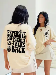 Women's " Expensive Difficult and Talks Back " Slogan Print Skeleton Hand Graphic Round Neck Tee, Casual Half Sleeve Crew Neck T-shirt for Daily Wear, Ladies Clothes for All Seasons