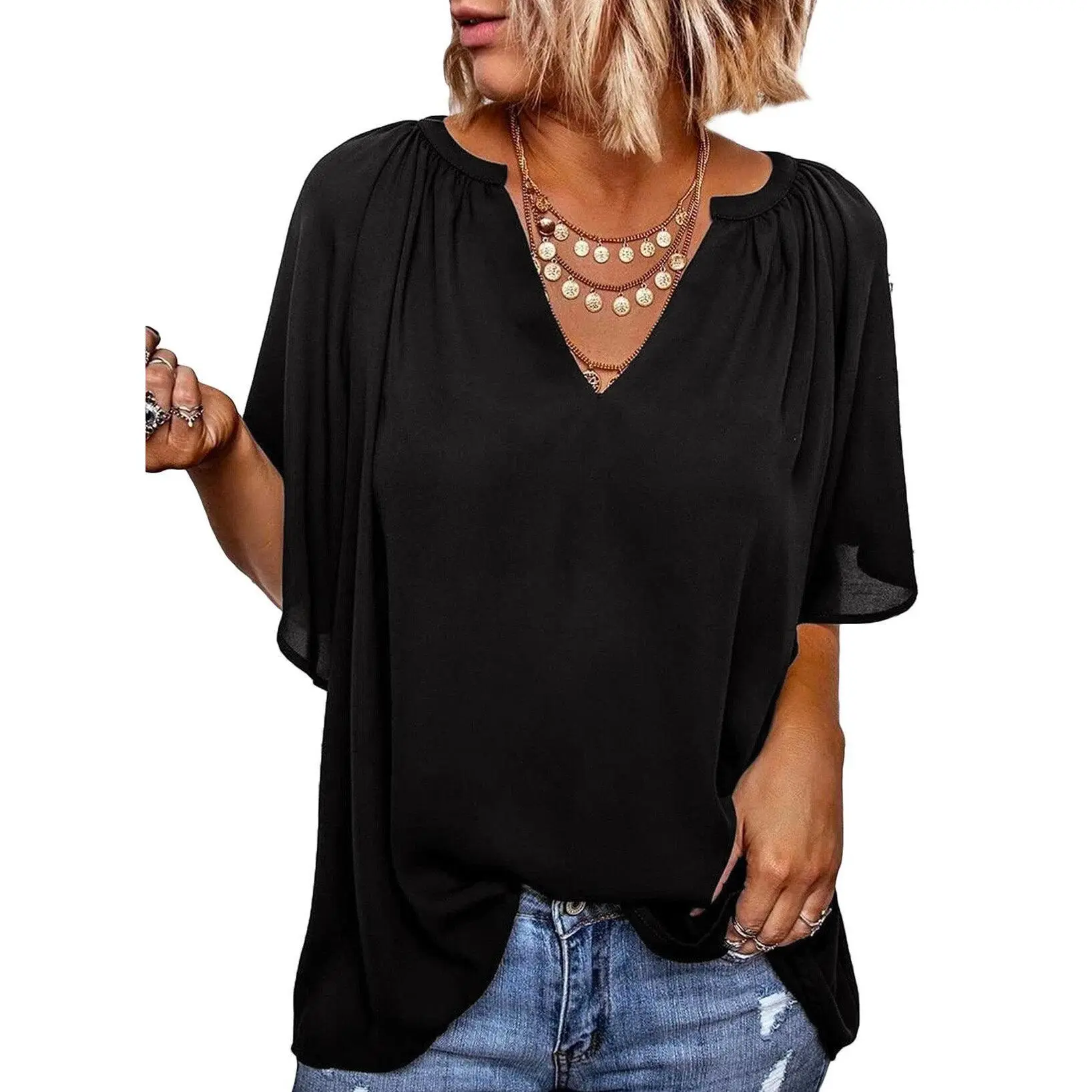 Dokotoo Womens Tops Dressy Casual 2026 Spring Summer V Neck Short Sleeve Shirts Business Casual Chiffon Blouses