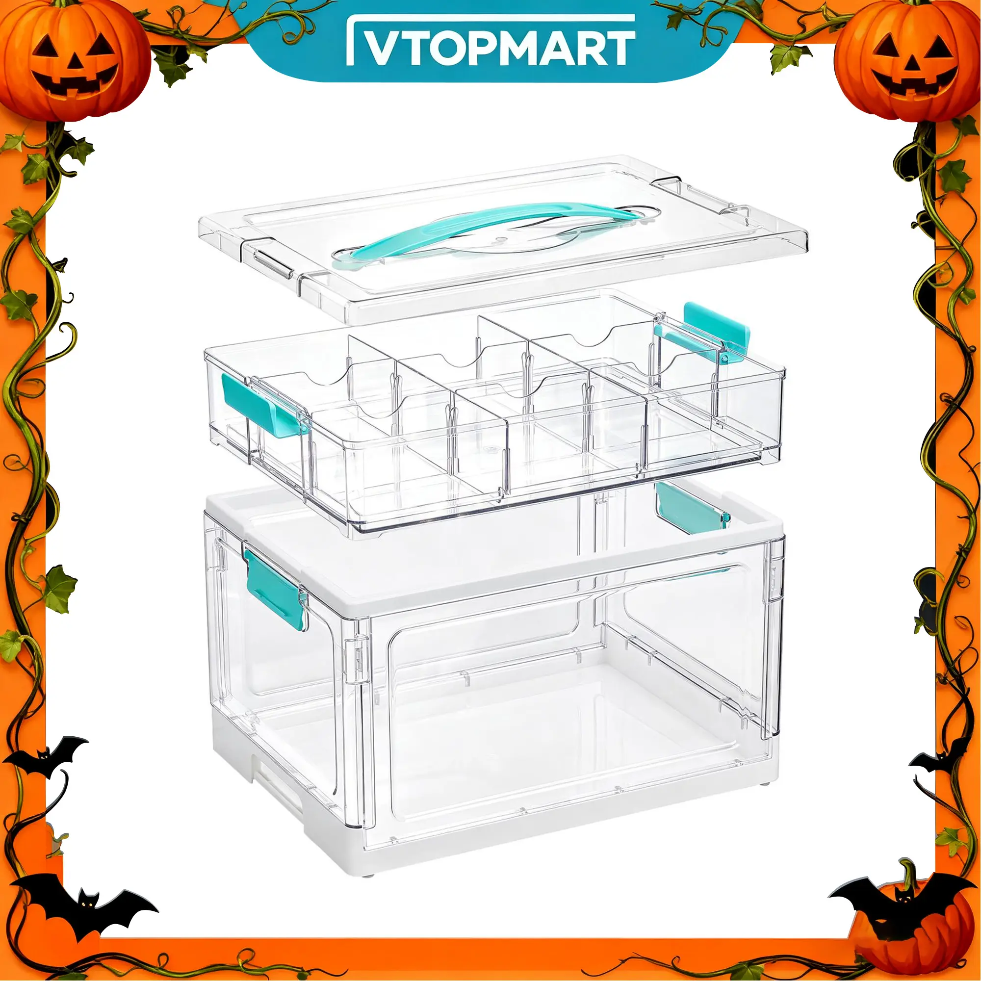 【Live Only】Vtopmart 1/2Pack 32QT 2Layer Large-Capacity Clear Craft Storage Bin with Removable Divider Tray, BPA-Free PET Material, Built-In Carry Handle, Secure Locking Latches Dustproof Organizer for Art Supply Homeschool Sensory Toy Playdough GiftIdea