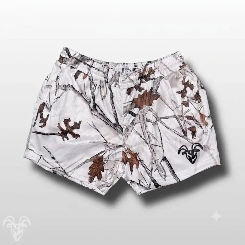 Goat Strength 5" Arctic Camo Shorts | Realistic Snow Camo Gym Shorts & White Camouflage Aesthetic Athletic Shorts