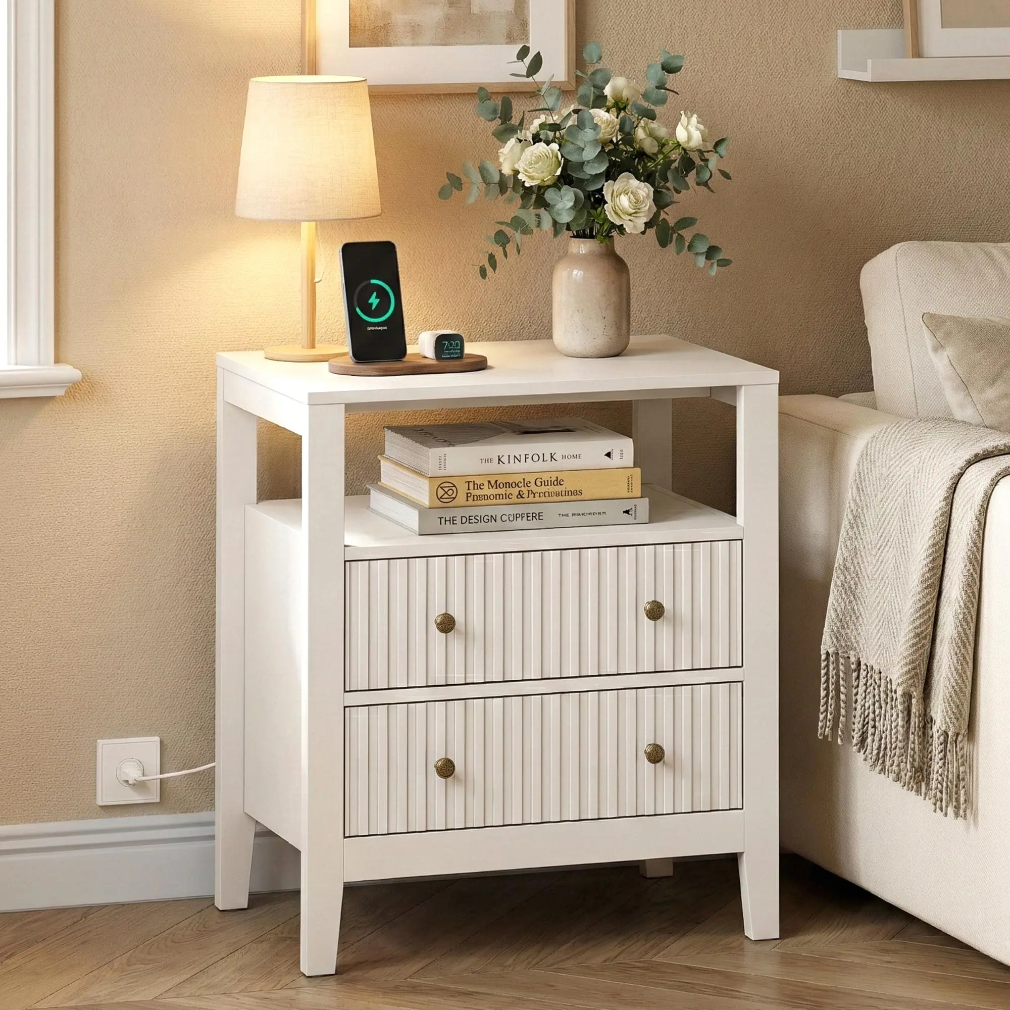RoyalCraft L Fluted Nightstand with Charging Station, Modern Bedside Table with 2 Drawers and Open Shelf, Wood Side Table for Bedroom, Living Room, Hallway, White