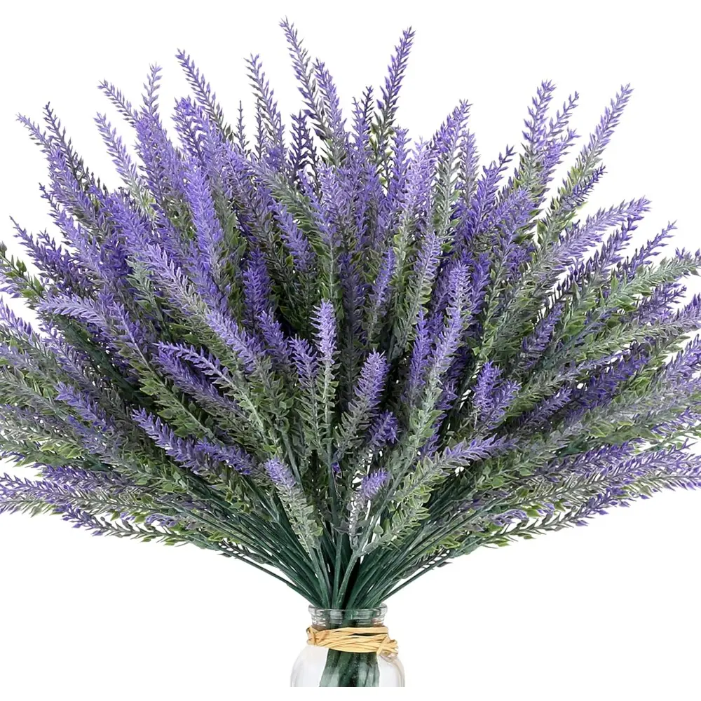 Artificial Flowers for Outdoors UV Resistant, 12 Bundles Fake Flowers Faux Plastic Plants Purple Lavender for Home Office Wedding Garden Porch Window Box Decor