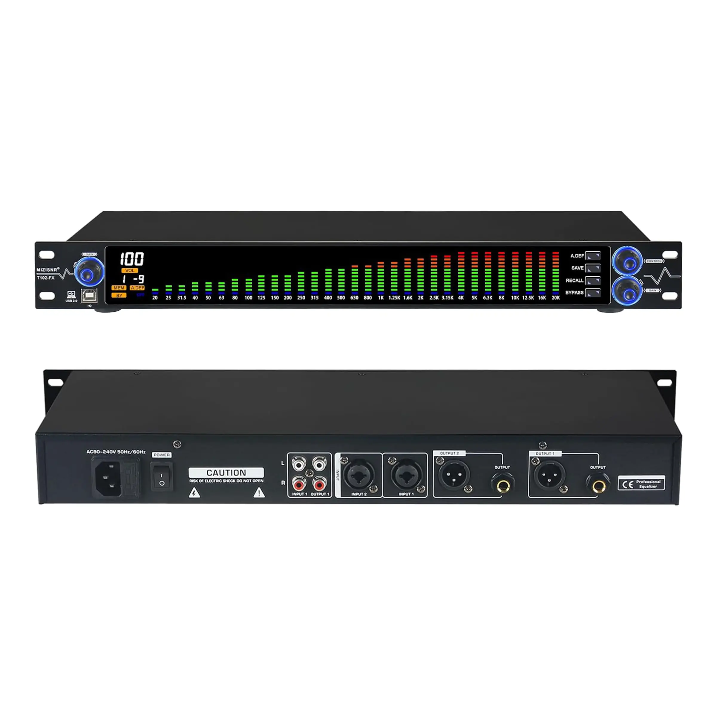 1U Rack Mount Black Compact 31-Band Dual Channel Graphic Equalizer for Home Stereo Audio System - Professional Digital EQ with PC Tuning, Noise Reduction, Spectrum Analyzer Display