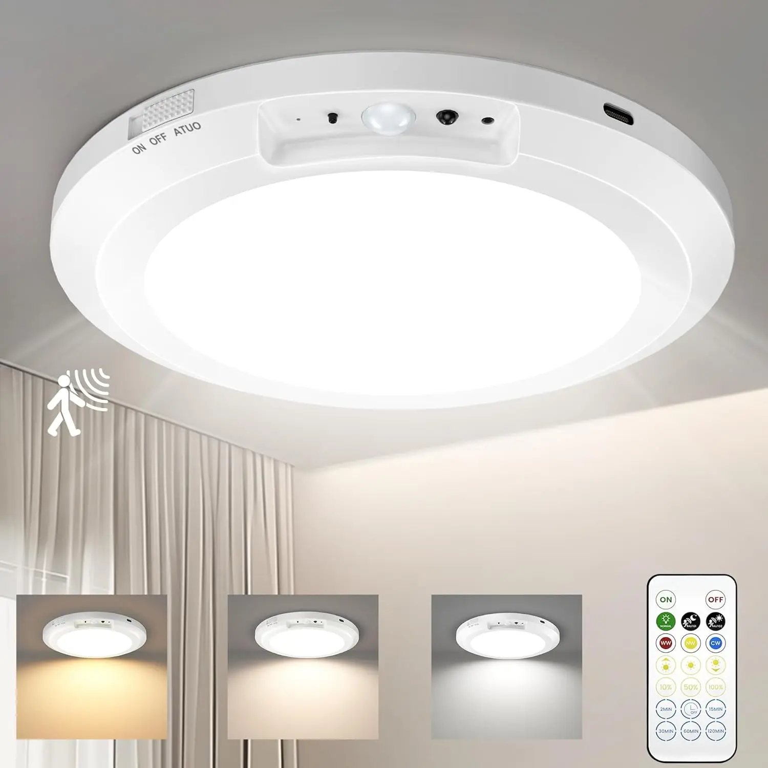 Rechargeable Motion Sensor LED Ceiling Light - 10000mAh Upgrade Model with 3-Color Dimming, Remote Control, Long Battery Life, Battery Level Display, 7-10H Runtime, Magnetic, Tool-Free Installation, No Wiring for Closet, Hallway, Sheds (LED Lights)