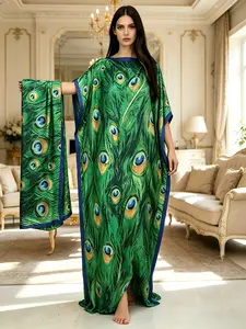 1 Robe+1 Scarf Peacock Green Peacock Feather Printed Robe Dress Set Large Ship Collar Loose Flesh Covering Long Dress Mother's Day Gift Light Luxury Elegant Vacation Style Long Dress Elegance Womenswear