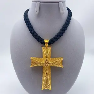 Black Rope Dubai Gold Color Cross Pendant Jewelry for Women Man African Chain Wedding Party Ethiopian Eritrea Gift