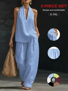 Women's Halter V-Neck Sleeveless Top & Wide Leg Pants Pockets 2 Piece Set, Cotton Linen Feel, Casual, Sizes S-5xl, Summer Essential
