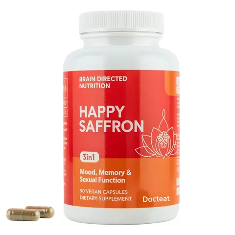 Docteat Happy Clinical Saffron Plant-Based Daily Dietary Supplement - 90 Capsules, Saffron Extract, Curcumin, Zinc, Sugar-Free, Gluten-Free, Non-GMO, Vegan, Mental Focus & Rest Support, Natural Mood Nutritional Supplement