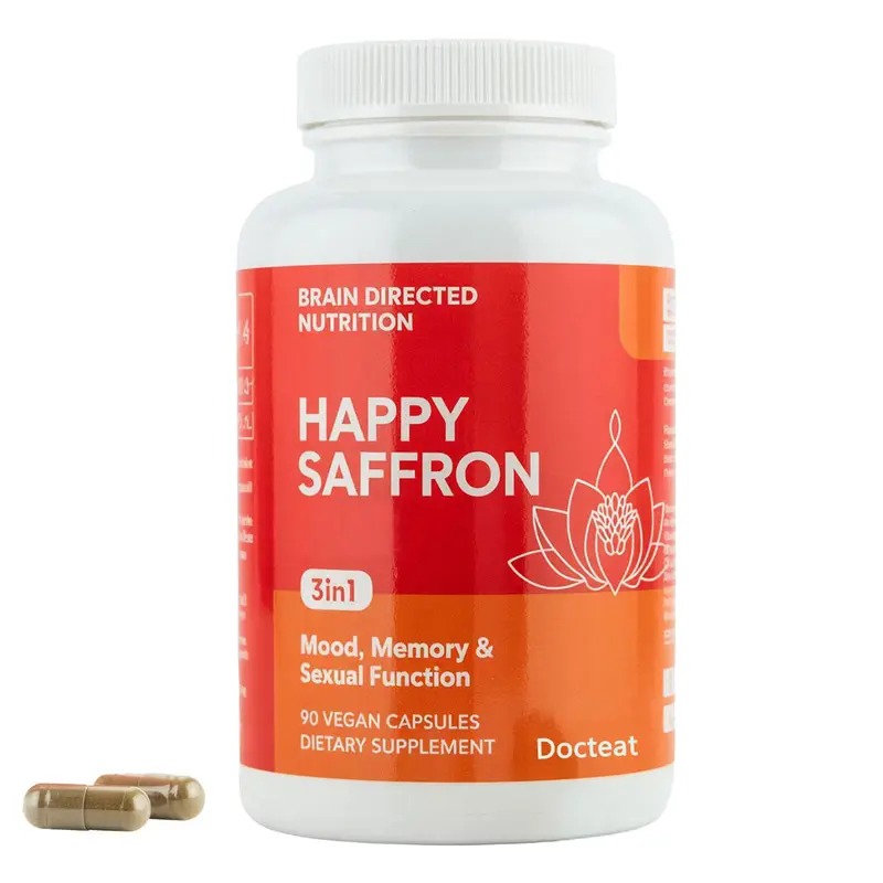 Docteat Happy Clinical Saffron Plant-Based Daily Dietary Supplement - 90 Capsules, Saffron Extract, Curcumin, Zinc, Sugar-Free, Gluten-Free, Non-GMO, Vegan, Mental Focus & Rest Support, Natural Mood Nutritional Supplement