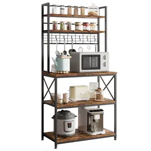 5-Tier Microwave Bakers Rack with 6 Hooks, Metal Utility Storage Shelf, Adjustable Shelves, Rustic Brown and Black